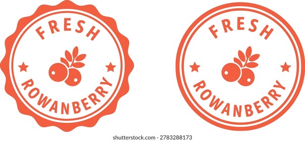 Fresh rowanberry circular stamp labels in red on a white background, ideal for natural product packaging and branding