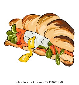 Fresh ruddy croissant with salmon and egg. Salted trout in hot toast. Hand-drawn arugula sandwich. Vector illustration.