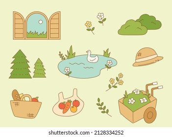 Fresh rural garden objects. flat design style vector illustration.