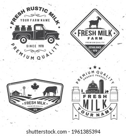 Fresh rustic milk badge, logo. Vector. Typography design with cow, milk farm, truck silhouette. Template for dairy and milk farm business - shop, market, packaging and menu