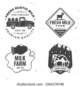 Fresh rustic milk badge, logo. Vector. Typography design with cow, milk farm, truck silhouette. Template for dairy and milk farm business - shop, market, packaging and menu
