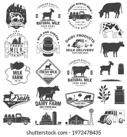 Fresh rustic milk badge, logo. Vector. Typography design with cow, milk farm, truck silhouette. Template for dairy and milk farm business - shop, market, packaging and menu