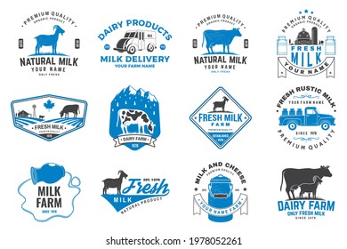 Fresh rustic milk badge, logo. Vector. Typography design with cow, milk farm, truck silhouette. Template for dairy and milk farm business - shop, market, packaging and menu