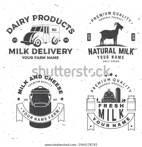 Fresh rustic milk badge,\
logo. Vector. Typography design with cow, milk farm, truck\
silhouette. Template for dairy and milk farm business - shop,\
market, packaging and\
menu