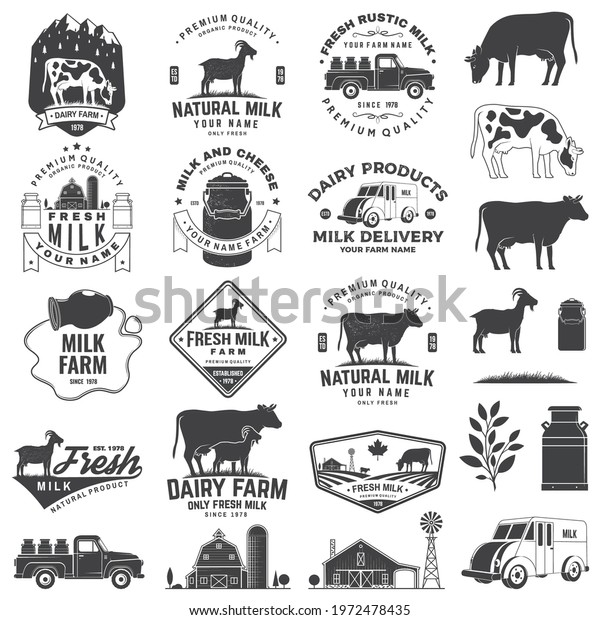 Fresh rustic milk badge,
logo. Vector. Typography design with cow, milk farm, truck
silhouette. Template for dairy and milk farm business - shop,
market, packaging and
menu