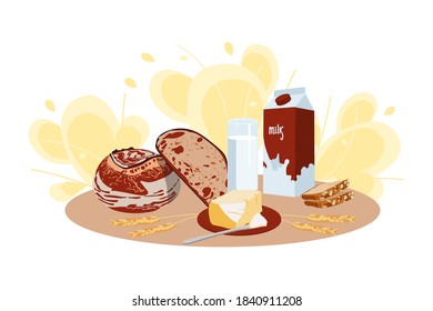 Fresh rustic rye bread, milk and butter. Natural organic nutritious pastry and dairy products. Traditional healthy breakfast meal flat vector illustration