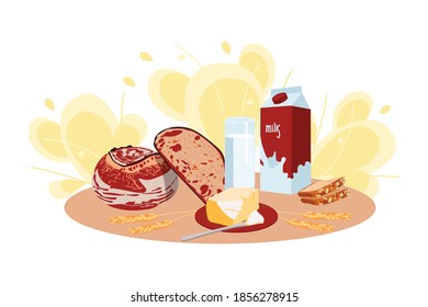 Fresh rustic rye bread, milk and butter. Natural organic nutritious pastry and dairy products. Traditional healthy breakfast meal flat vector illustration