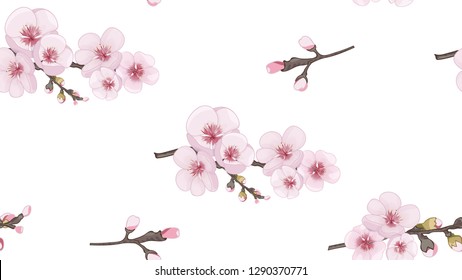 Fresh sakura flower pattern. Magenta on white background. Handmade Seamless pattern in Chinese style.