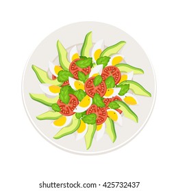 Fresh salad from avocado, tomatoes and eggs on plate isolated on white background. Top view. Healthy food concept. Salad vector illustration for menu.