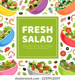 Fresh salad banner template. Fresh organic healthy natural vegetarian product card, poster, packaging design cartoon vector