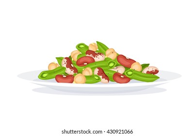 Fresh salad from beans, french beans and chickpea on plate isolated on white background. Salad plate form side view. Healthy food concept. Salad vector illustration for menu design.