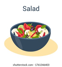 Fresh salad in a bowl. Organic healthy food. Cucumber and tomato, feta cheese and pepper. Isolated flat vector illustration