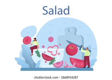 Fresh salad in a bowl. Peopple cooking organic and healthy food. Vegetable and fruit salad. Isolated flat vector illustration