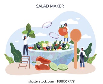 Fresh salad in a bowl. Peopple cooking organic and healthy food. Vegetable and fruit salad. Isolated flat vector illustration