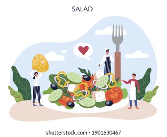 Ensalada fresca en un bol. La gente cocina comida orgánica y saludable. Verduras y ensalada de fruta. Ilustración vectorial plana aislada