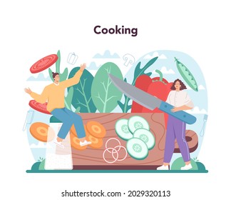Fresh salad in a bowl. Peopple cooking organic and healthy food. Vegetable and fruit salad. Isolated flat vector illustration