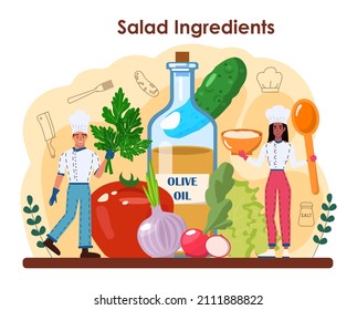 Fresh salad in a bowl. Peopple cooking organic and healthy food. Vegetable and fruit salad ingredients. Salad bar counter. Isolated flat vector illustration