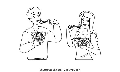 fresh salad bowl vector. diet vegetable, white lunch, dinner lettuce fresh salad bowl character. people black line illustration