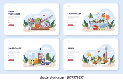 Fresh salad in a bowl web banner or landing page set. Peopple cooking organic and healthy food. Vegetable and fruit salad. Isolated flat vector illustration