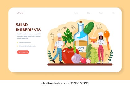 Fresh salad in a bowl web banner or landing page. Peopple cooking organic and healthy food. Vegetable and fruit salad ingredients. Salad bar counter. Isolated flat vector illustration