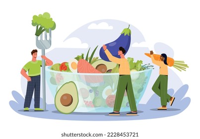 Fresh salad concept. Men and women with vegetables and fruits near big plate. Poster or banner for website, healthy food and active lifestyle. Proper nutrition. Cartoon flat vector illustration