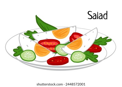 Frischer Salat mit Eiern, Rucola, Gurke, Tomate auf Teller. Vektorillustration isoliert auf Weiß für Speisekarte Restaurant, Café, Poster, Flyer, Kochbuch, Coupon Design 