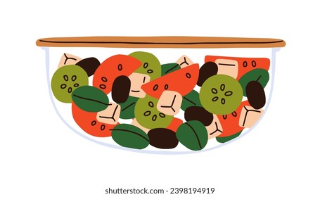 Fresh salad in glass bowl with lid. Healthy vegetarian food, eating, vegetables, olives, feta in transparent container closed with cap, cover. Flat vector illustration isolated on white background