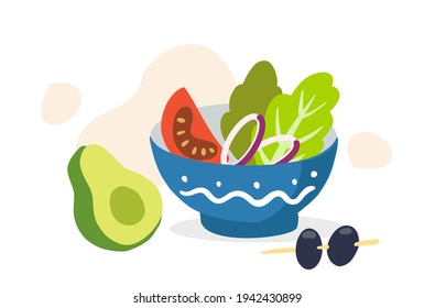 Fresh salad with green leaves, avocado tomato and olives.. Hand drawn illustrations. Cartoon vegan style. Flat design.
