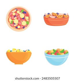 Fresh salad icons set cartoon vector. Salad with ripe fruit and berry. Healthy nutrition concept