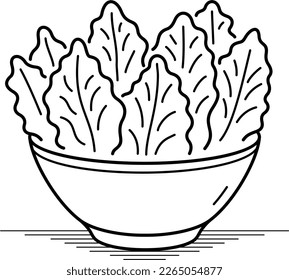 Fresh salad leaves in bowl. Vector outline icon.
