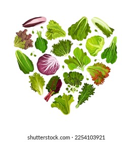 Fresh Salad Leaves Heart Shaped Composition with Green Vegetables Vector Template