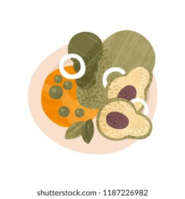 Fresh salad made of organic vegetables. Healthy food. Appetizing dish for dinner. Flat vector icon with texture