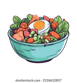 Fresh salad and meat in crockery bowl icon isolated