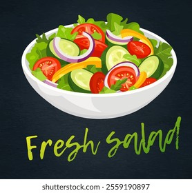 Fresh salad for menus, food blogs, or restaurant marketing materials vector icon. Colorful and inviting cartoon illustration of bowl with vibrant ingredients, like lettuce, tomatoes, cucumbers