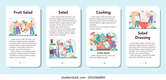 Fresh salad mobile application banner set. Peopple cooking organic and healthy food. Vegetable and fruit salad in a bowl. Isolated flat vector illustration