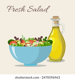 Fresh salad with olive oil. vector illustration in flat design