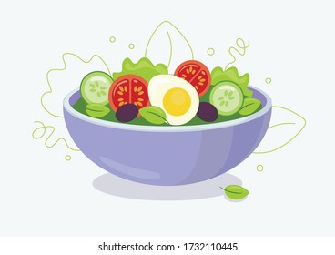 Fresh salad with olives and egg. Detailed vector icon. Vegetarian food. Dietary food.