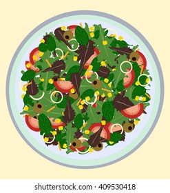 fresh salad on dish, overhead image