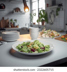 Fresh salad on the table lit with lamps pattern realistic vector graphics 3d for restaurant and menu photography