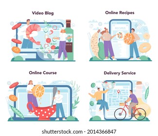 Fresh salad online service or platform set. Peopple cooking organic and healthy food. Vegetable and fruit salad in a bowl. Online recipes, course, video blog, delivery. Flat vector illustration