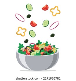 Fresh salad in a plate isolated on a white background. Chopped vegetables fall into a plate with salad. flat style