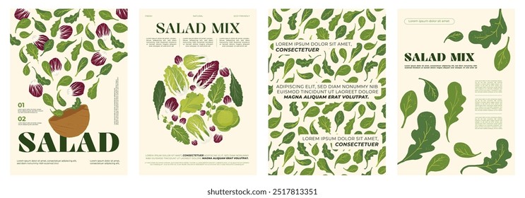 Cartazes de salada fresca. Bandeiras alimentares saudáveis minimalistas com folhas de salada verde, fundo vegetariano colorido para design de cobertura. Conjunto de vetores.