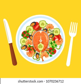 Ensalada fresca con mejillones de camarón de pescado rojo y verduras. El concepto de la comida marina. Diseño gráfico plano vectorial ilustración de elemento aislado