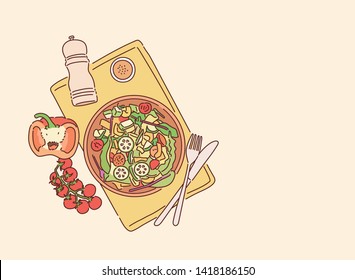 Fresh salad with tomatoes, mixed greens, paprika, cucumber, avocado. Healthy food.Hand drawn style vector design illustrations.