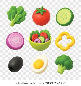 Fresh Salad Vector Icon Set | 3D icon set | lettuce leaves, tomato, sliced cucumber, sliced onion, salad bowl filled with mixed greens and vegetables, sliced bell pepper, olive, boiled egg, broccoli