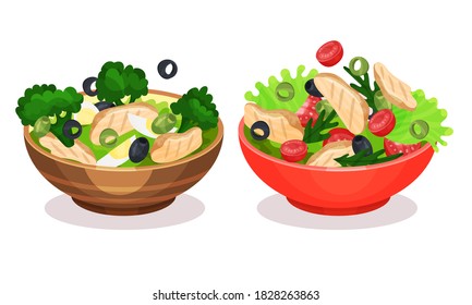 Fresh Salads in Bowl with Green Vegetables and Meat Vector Set