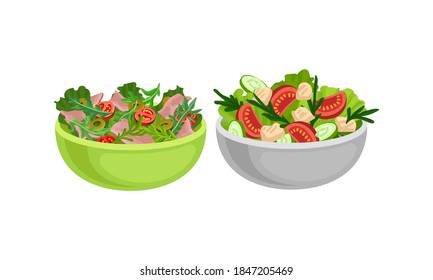 Fresh Salads in Bowl with Mixed Ingredients Vector Set