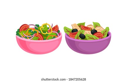 Fresh Salads in Bowl with Mixed Ingredients Vector Set