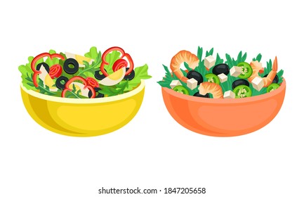 Fresh Salads in Bowl with Mixed Ingredients Vector Set