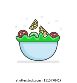Fresh salat vector illustration isolated on white background. Tomato, lemon, cucumber and salat in plate. Flat salat icon.